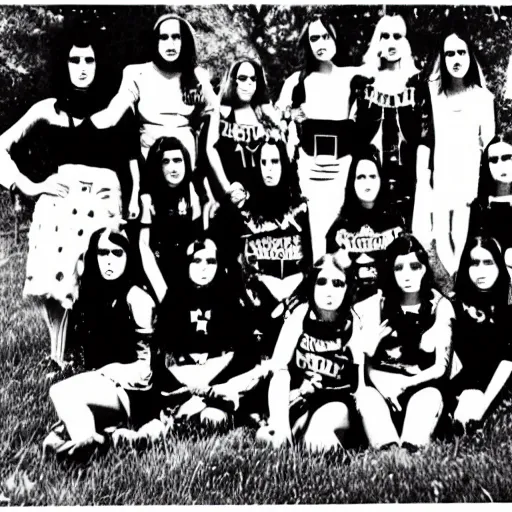 Image similar to Satanic States of America, alternate history, 1970s, girl scouts, goth girl scouts, Satanic girl scouts, black clothing, occult ritual, 1977, 16mm photograph