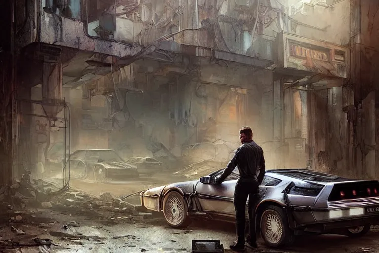 Image similar to photograph of the terminator stepping out of a delorean parked down the streets of a cyberpunk abandoned city, doors are open, by greg rutkowski, by stanley artgerm, by alphonse mucha