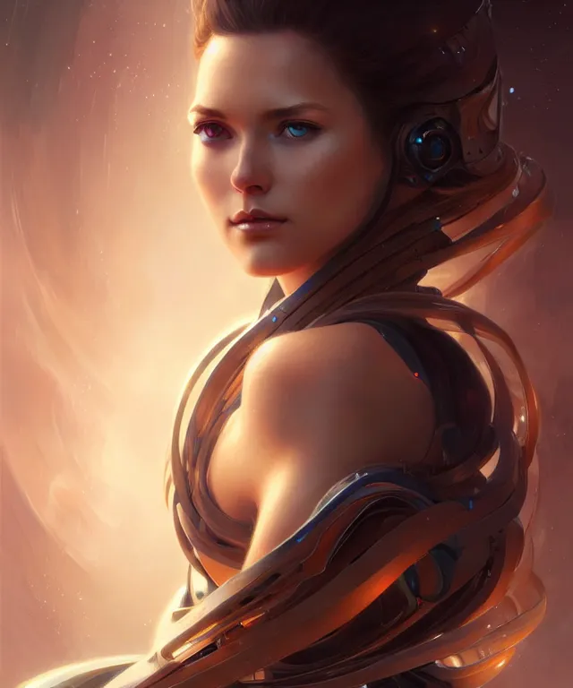 Image similar to futuristic young woman portrait, sci-fi, amber eyes, face, long hair, fantasy, intricate, elegant, highly detailed, digital painting, artstation, concept art, smooth, sharp focus, illustration, art by artgerm and greg rutkowski and alphonse mucha