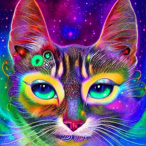 Image similar to a galaxy colored psychedelic chakra awakening kundalini ethereal portrait of a cat with her eyes closending to a higher plane of existence, eternal blessing, multiverse, by android jones, by ben ridgeway, visionary art, by artgerm, featured on artstation, cgsociety, by greg rutkowski