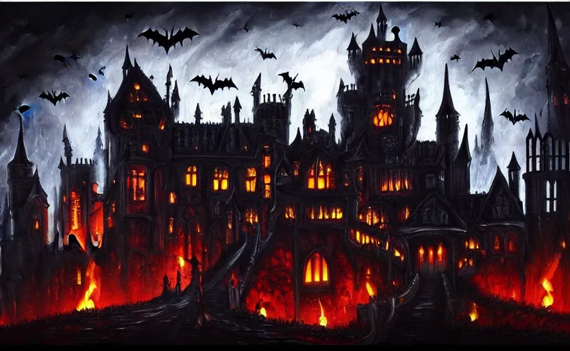 Prompt: oily painting, highly detailed, gothic style burning! castle on a left side, bats flying away from castle, vampires chasing village people, night time, trending on art station by resident evil village