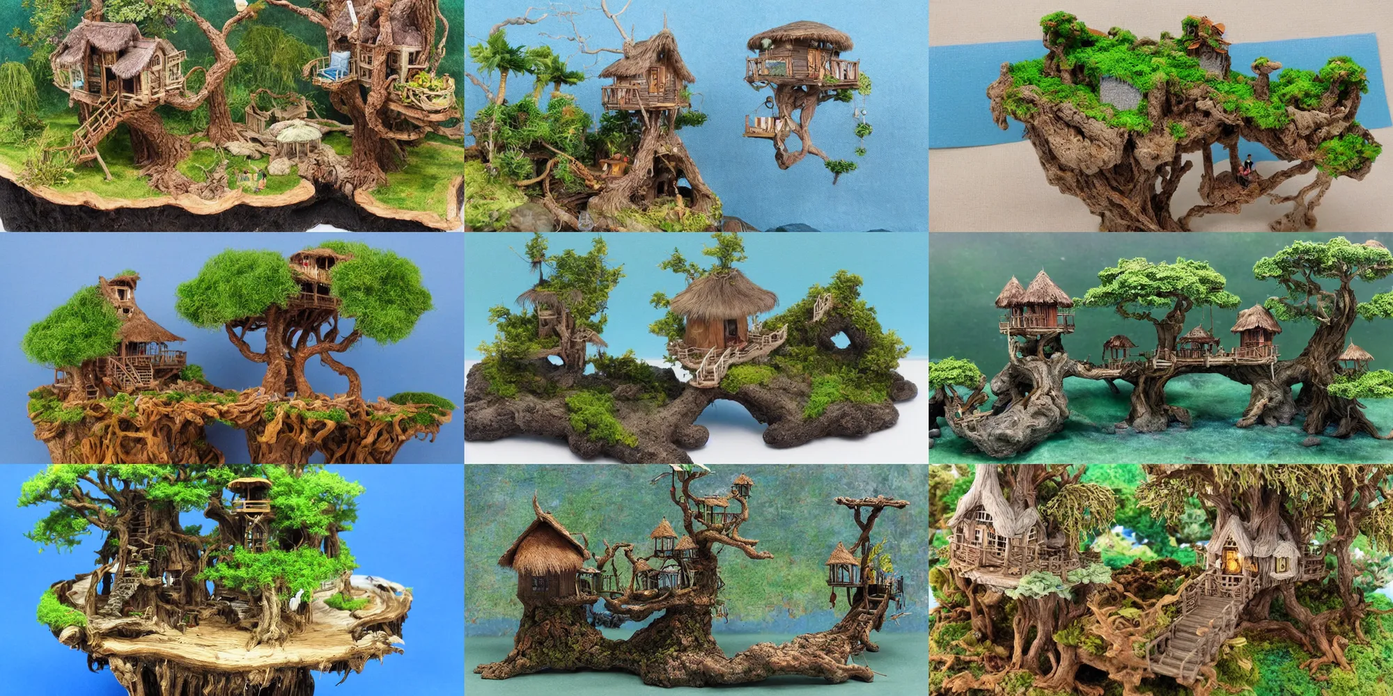 Prompt: highly realistic and detailed miniature of a magical island treehouse on the ocean