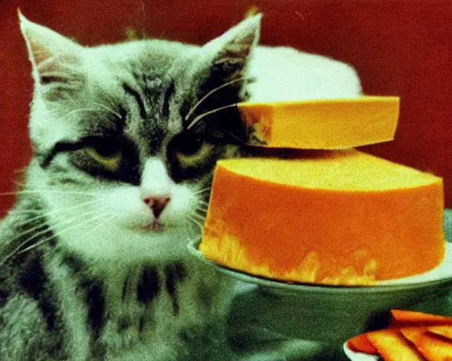 Image similar to 1970's cookbook color photograph of cat made from cheese sharp detail high detail