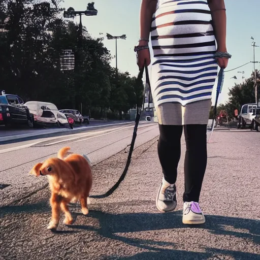 Prompt: A Dog Walking a Cat Walking a Human Baby, realistic photo, taken at the corner of a city block with a dog park in the background