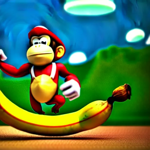 Prompt: Donkey Kong. A banana on the ground, Donkey Kong is standing on the banana. 3D render