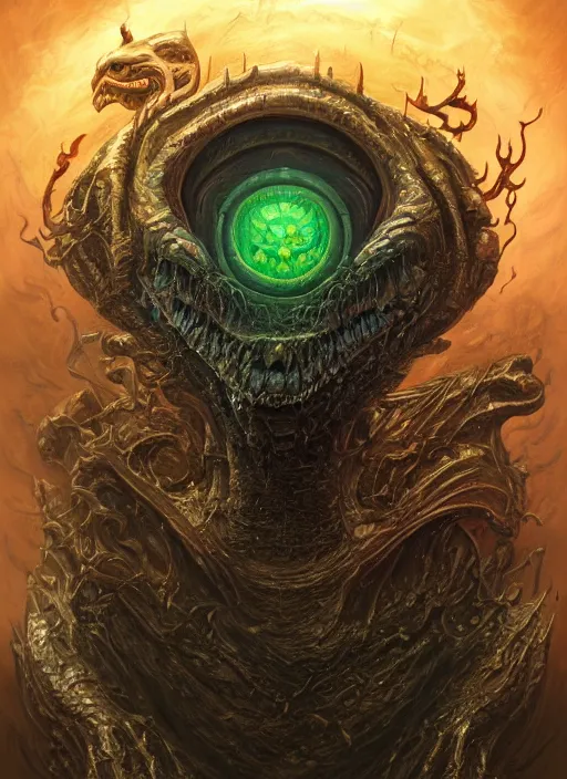 Prompt: prismatic dark lovecraft horror machine glowing reptile eyes, metal armor, elegant, highly detailed, centered, digital painting, artstation, concept art, smooth, sharp focus, illustration, artgerm, tomasz alen kopera, peter mohrbacher, donato giancola, joseph christian leyendecker, wlop, frank frazetta