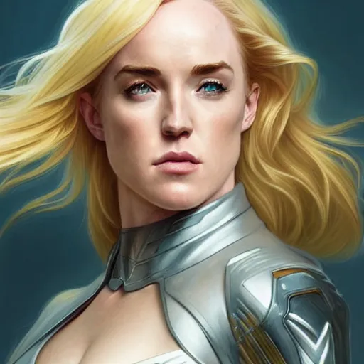 Image similar to Caity Lotz with blonde hair as Power Girl, western, D&D, fantasy, intricate, elegant, highly detailed, digital painting, artstation, concept art, matte, sharp focus, illustration, art by Artgerm and Greg Rutkowski and Alphonse Mucha