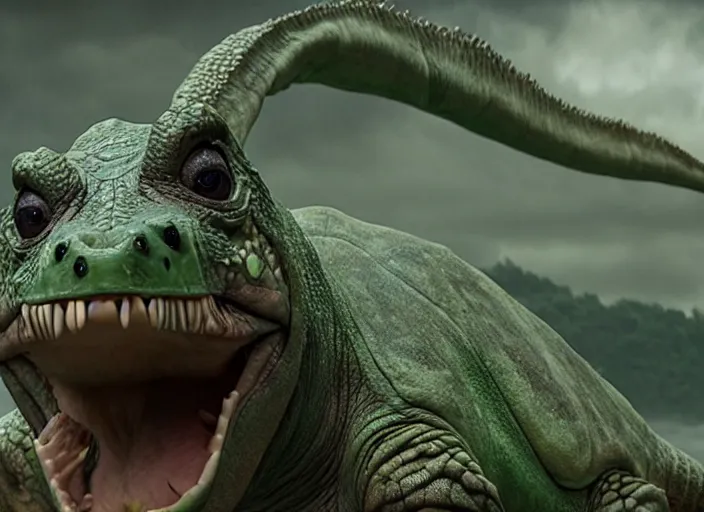 Prompt: film still of real life dinosaur turtle yoshi in the new sci - fi movie, 8 k