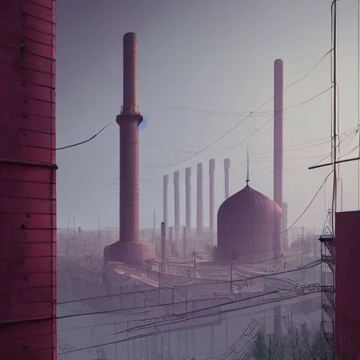 Image similar to mosque in style of steel factory, mist, simon stalenhag