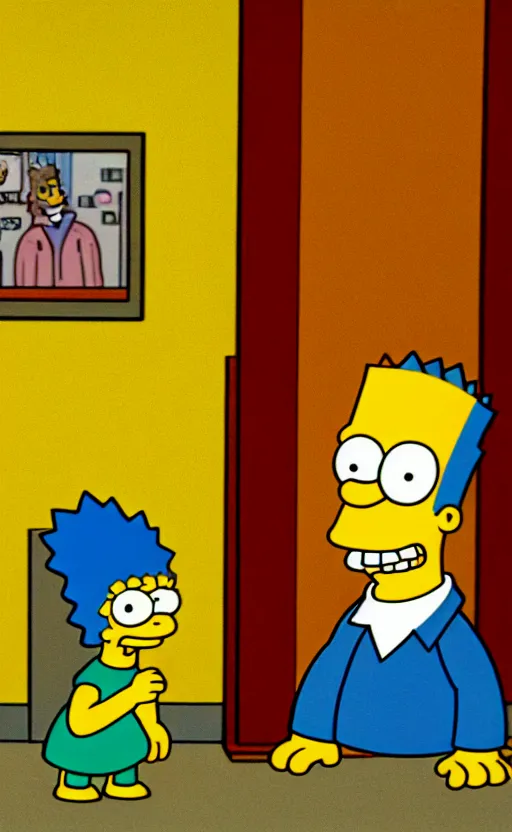 Image similar to lisa simpson and bart simpson in the shining hallway scene, movie screenshot