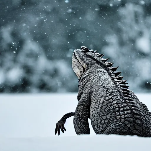 Prompt: photo of an aligator on snowy mountain peak, snow, 50mm, beautiful photo