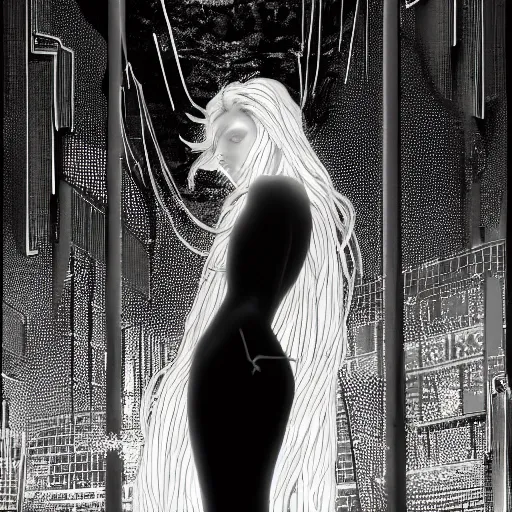 Image similar to highly detailed, black and white, androgynous goddess with flowing hair made of wired and a glowing see through vail type dress, in the background is the remnants of a abandoned modern city falling apart, lifeless and dead