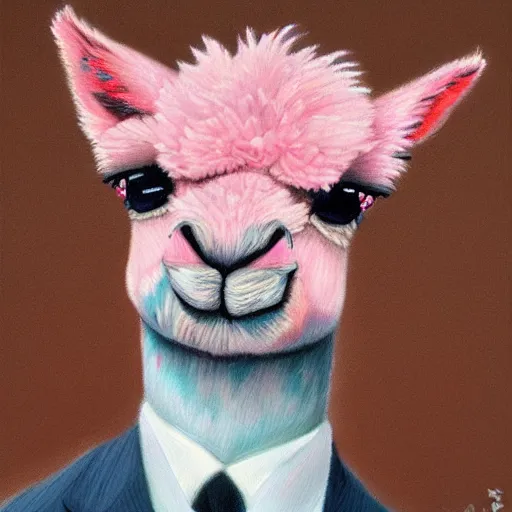 Prompt: detailed portrait painting of a pink alpaca wearing a suit, manga, trending on artstation, by Hayao Miyazaki, beautiful, colorful