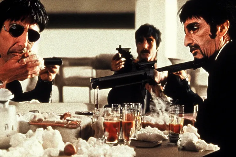 Image similar to medium shot. tony montana from movie scarface 1 9 8 3. staying with m 1 6 riffle. table with cocaine in background. al pacino. perfect symmetric face, coherent eyes, fine details, 4 k, ron cobb. cinestill