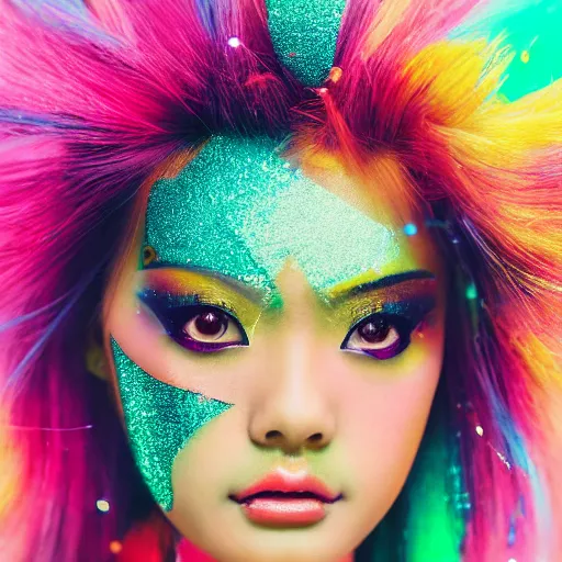 Image similar to japanese model with maximalist hair style and makeup, bright colors, fashion model, portrait shot, glitter, depth of field, 8 k, hyper detailed, intricate, trending on artstation