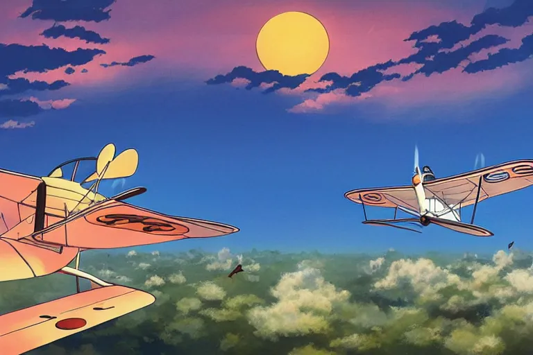 Image similar to tuxedo cat in a pilot cap flying a biplane over a tropical archipelago, morning sunrise, clouds, beautiful, summer, calm, studio ghibli, art by hayao miyazaki, makoto shinkai