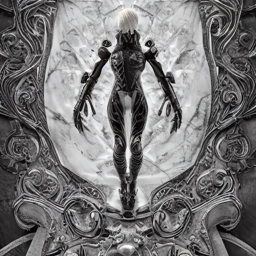 Image similar to trigun, highly detailed, symmetrical long head, smooth marble surfaces, detailed ink illustration, raiden metal gear, cinematic smooth stone, deep aesthetic, concept art, post process, 4k, carved marble texture and silk cloth, latex skin, highly ornate intricate details, in the style of hr giger