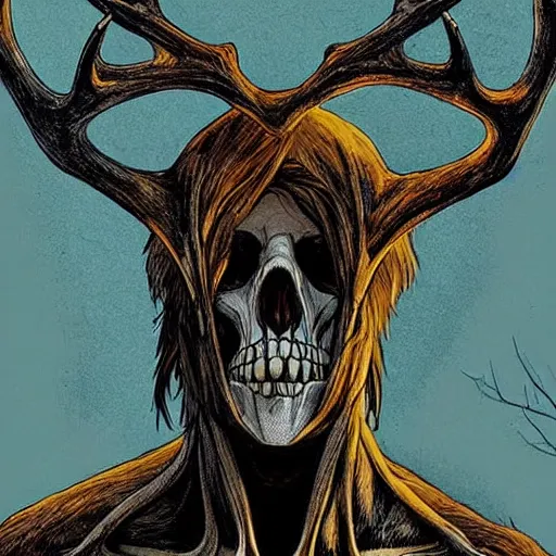 Image similar to Style Tim Jacobus and Rafael Albuquerque:: Wendigo with long antlers, deer face skeletal, symmetrical face, yellow eyes, fully detailed face:: attacking a woman in the woods:: night time, full mood, fog, realistic, scary, horror, full body