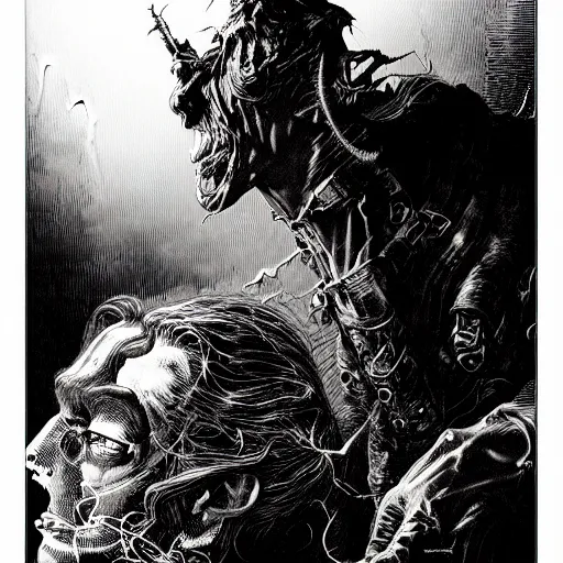 Image similar to portrait dramatic light, by bernie wrightson and simon bisley and joe fenton, inspired victorian sci - fi, etching, fine, sharp high detail, duotone screen print,