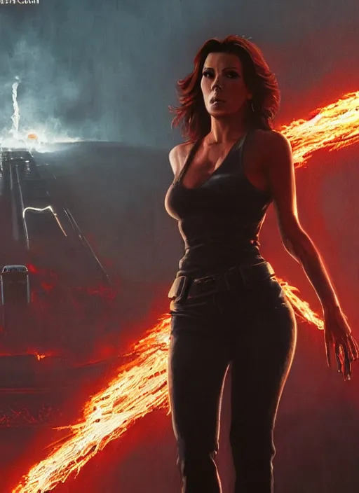 Image similar to eva longoria in the scene from terminator movie, nuclear mushroom cloud in the background, ultra detailed, cgsociety by leesha hannigan, ross tran, thierry doizon, kai carpenter, ignacio fernandez rios, noir art house,