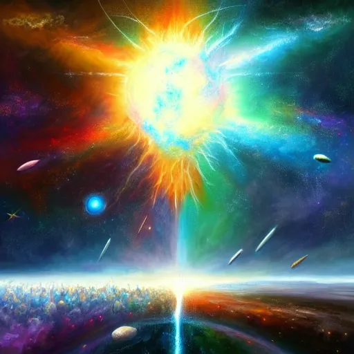 Image similar to realistic concept art for the entire universe uniting again into perfect love and pure consciousness, defeating the big bang!! final victory of order over disorder!! final defeat of entropy! end of time, galactic scale!! digital painting, artstation, smooth, sharp focus