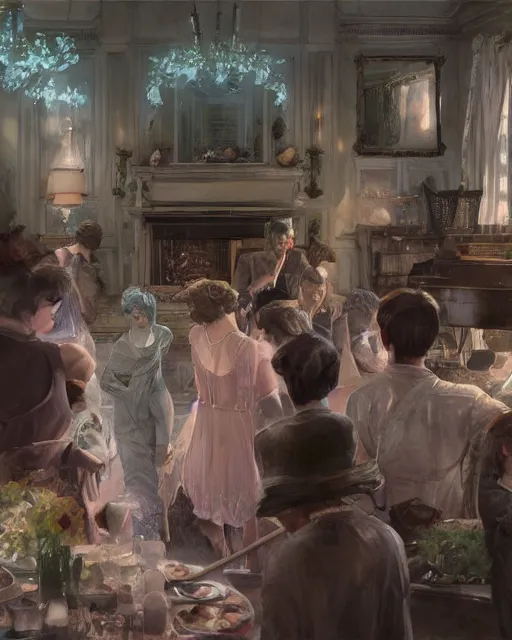 Image similar to craig mullins and ghibli digital painting of a 1 9 2 0 s grand party in a beautiful mansion, many partygoers, unreal engine, hyper realism, realistic shading, cinematic composition, realistic render, octane render, detailed textures, photorealistic, ultrawide shot, 3 5 mm film