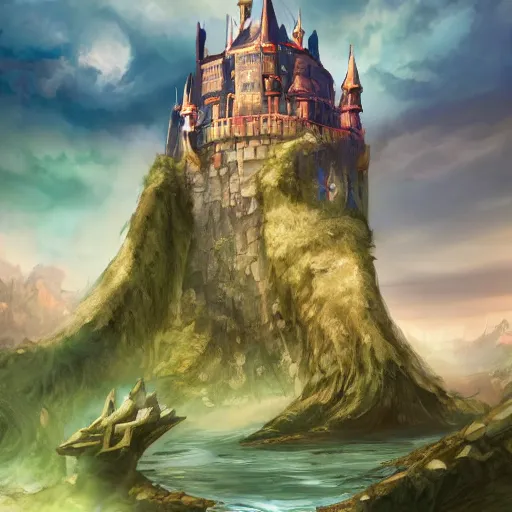 Image similar to a castle on a flying island, masterpiece, flying island in the sky, clouds background magic the gathering coloring style, epic fantasy style art, fantasy epic digital art, epic fantasy card game art