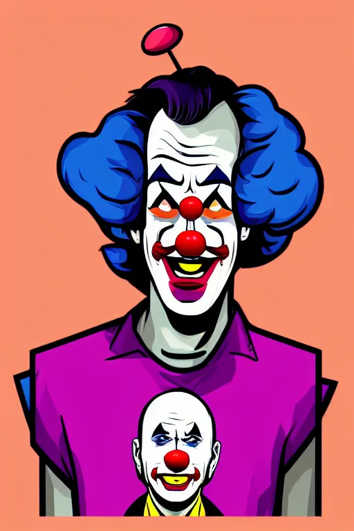 Image similar to display twitter guy wearing an blouses with clown mask. pop art, gta vice city art style, digital art, arstation art, pixel art, face and body features details, ultra realistic details, concept art, casual art, sharp focus, illustration, intecrate details, elegant, confident posse, art by mark millar and richard hamilton and mimmo rottela