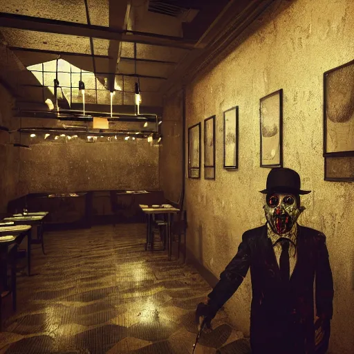 Image similar to waiter angry zombie, detailled portrait, restaurant interior, feeling of grimdark horror, daytime, high contrast, ultra intricate detailed, octane render, unreal engine, style of a dusk falls