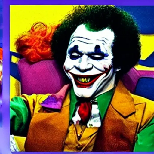 Image similar to bob Ross as the joker smiling while winking as he is getting done from Harley Quinn