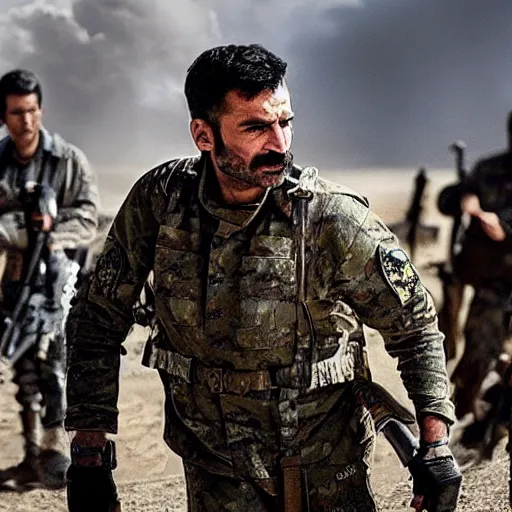 Prompt: kurdish general in a movie directed by christopher nolan, movie still frame, promotional image, imax 7 0 mm footage, strong and imposing