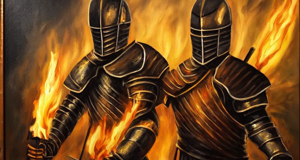 Image similar to An oil painting of a knight in dark metal armor wielding a flaming sword