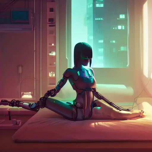 Image similar to a cyborg girl dreaming in cyberpunk apartment, render, octane, 4k, highly detailed, vivid colors, light and shadow, high definition, by James Gilleard and Makoto Shinkai