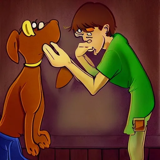 Image similar to “scooby and shaggy kissing, trending on artstation, intricate, highly detailed, masterpiece, dynamic lighting, realistic,”