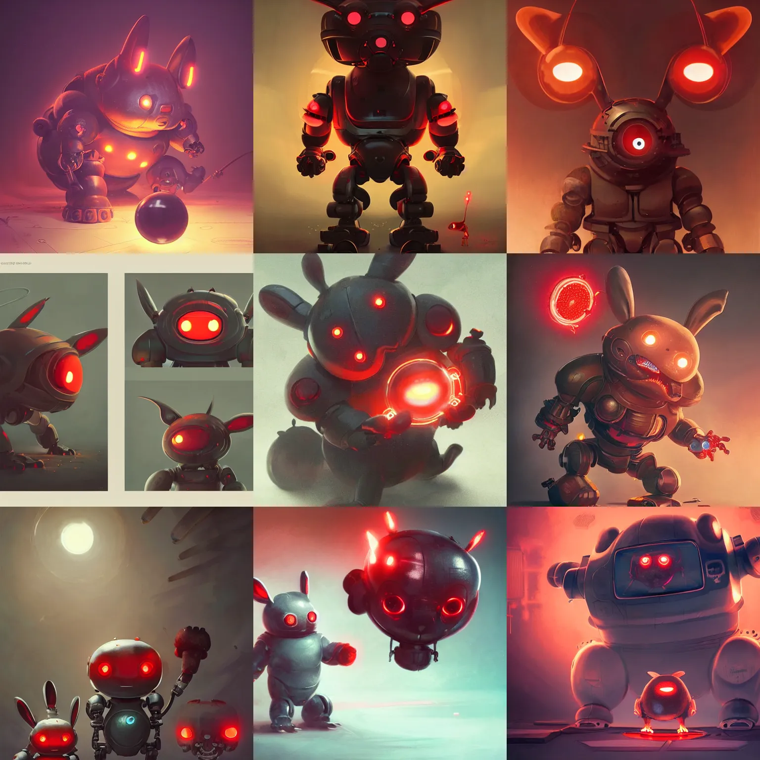 Prompt: cute chubby dangerous angry 3 years old robots childs with big glowing red eyes and big rabbit ears , big complex belly mechanism , studio light, retro design by greg rutkowski