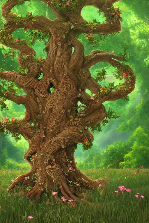 Prompt: a beautiful digital illustration painting of a detailed fantasy tree with a heart carved in the trunk grass and flowers by james gurney and, 8 k resolution trending on artstation concept art digital illustration