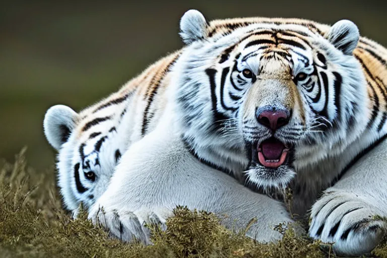 Image similar to a tiger polar bear!!! hybrid! hyper realistic!! realistic lighting!! wildlife photographer of the year!!! bold natural colors, national geographic, hd, wide angle, 8 k