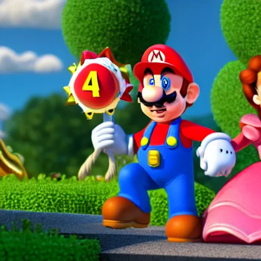 Image similar to super mario and hispanic princess peach spicy latina in pixar animated movie 4k octane render