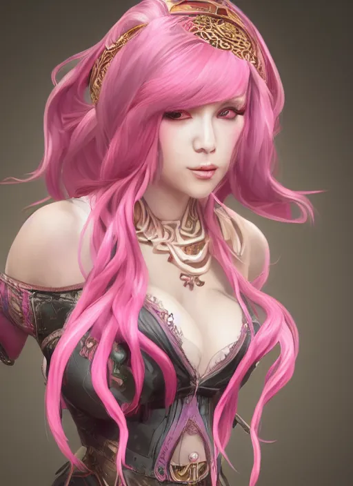 Image similar to seraphine, from league of legends, pink hair, studio microphone, new musical instruments, au naturel, hyper detailed, digital art, trending in artstation, cinematic lighting, studio quality, smooth render, unreal engine 5 rendered, octane rendered, art style by klimt and nixeu and ian sprigger and wlop and krenz cushart