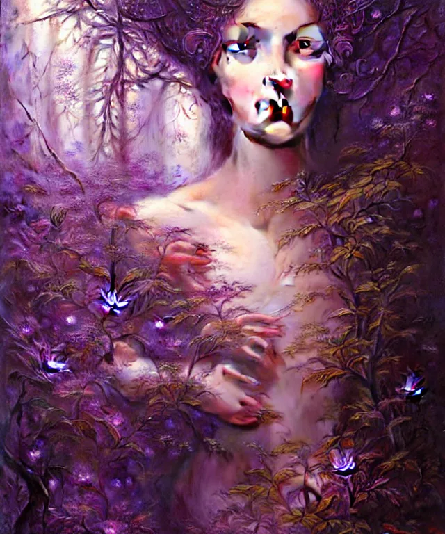 Image similar to ultra detailed magical realism portrait painting of the beautiful empress of the enchanted glowing purple forest, volumetric lighting, depth of field, illusion, intricate details, by karol bak, greg rutkowski, peter mohrbacher.
