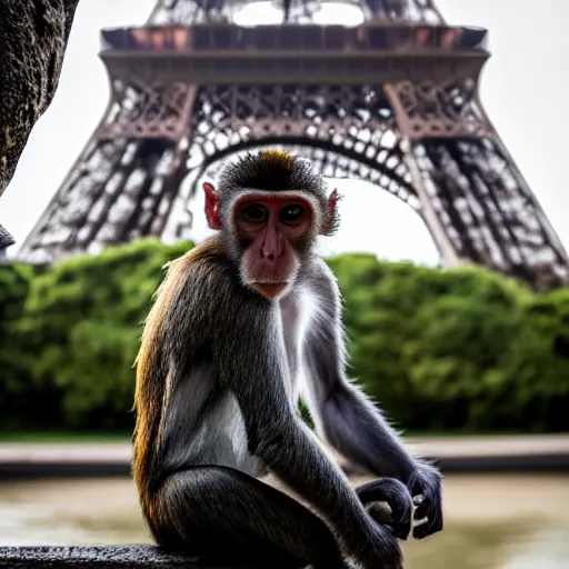 Prompt: high quality portrait of a monkey in front of eiffel tower, studio photograph, photograph, realistic photo, 8k photo, 4k photo, stock photo, high resolution, cinematic shot, high detail