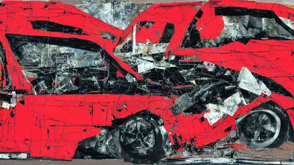 Prompt: lowrider crash test, collage paper and tape, black and red oil, acrylic on canvas, expressionism, high resolution, cinematic, unreal 6 breathtaking detailed, by blake neubert