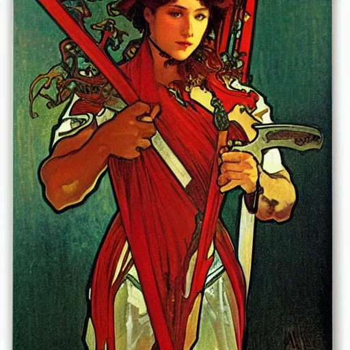 Prompt: red nunchaku warrior by alphonse mucha