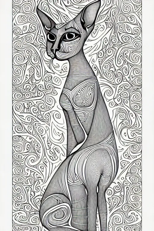 Image similar to sphynx cat egypt cat statue ornate luxury fractal ink drawing line art colouring page, vector, margins, fine lines, centered