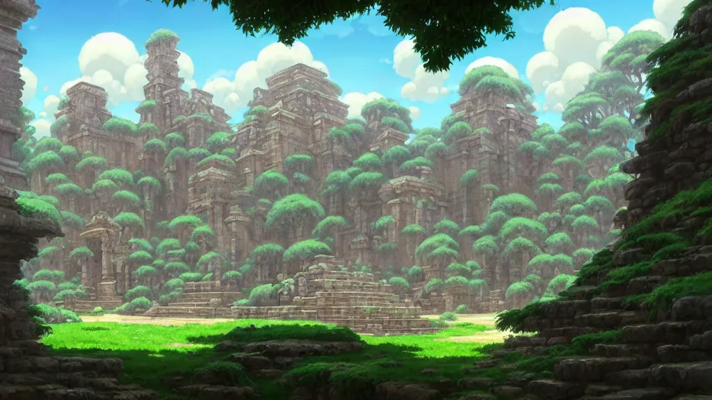 Image similar to ancient temple ruins, studio ghibli, pixar and disney animation, sharp, rendered in unreal engine 5, highly detailed, digital painting, artstation, concept art, smooth, sharp focus, illustration, wide angle, artbook, wallpaper, splash art, promo art, dramatic lighting, art by artgerm and greg rutkowski and bo chen and jin xiaodi