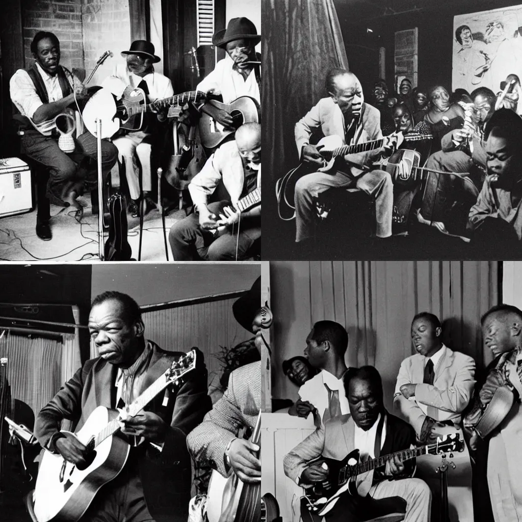 Prompt: john lee hooker playing an acoustic blues concert for a group of attentive cats