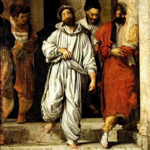 Image similar to guy with white hoodie walking in the music in genoa. painting by veronese