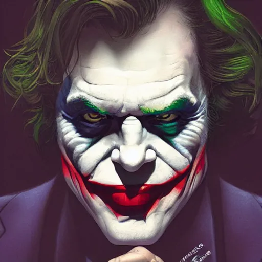 Image similar to [Rossi de Palma as the Joker, closeup, D&D, intricate, elegant, highly detailed, digital painting, artstation, concept art, matte, sharp focus, illustration, art by Artgerm and Greg Rutkowski and Alphonse Mucha]