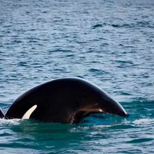 Prompt: an orca whale turned into a dog, half orca whale half dog, hybrid animal, 8 k photograph, orca whale head, dog body, national geographic photo