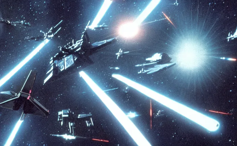 Image similar to iconic cinematic screen shot of scene x wing space battle against new tie fighter desing, from the action packed scene from the 1 9 7 0 s star wars sci fi film by stanley kubrick, glowing lasers, kodak film stock, anamorphic lenses 2 4 mm, lens flare, iconic cinematography, award winning